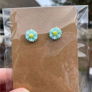 Hand-pieced Teal and Yellow Flower Stud Earrings